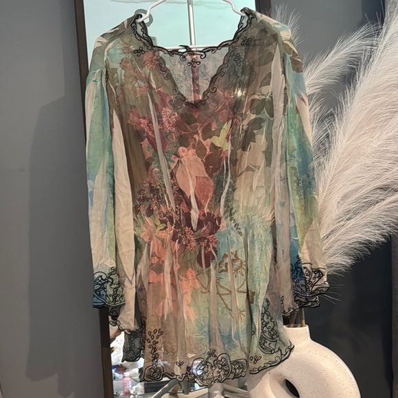 Tan and Orange Asymmetrical 3/4 Sleeve Blouse - Picture 6 of 6